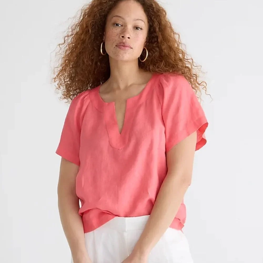 J.Crew Flutter-sleeve linen‎ V-neck top Brilliant Papaya Small NWT in packaging